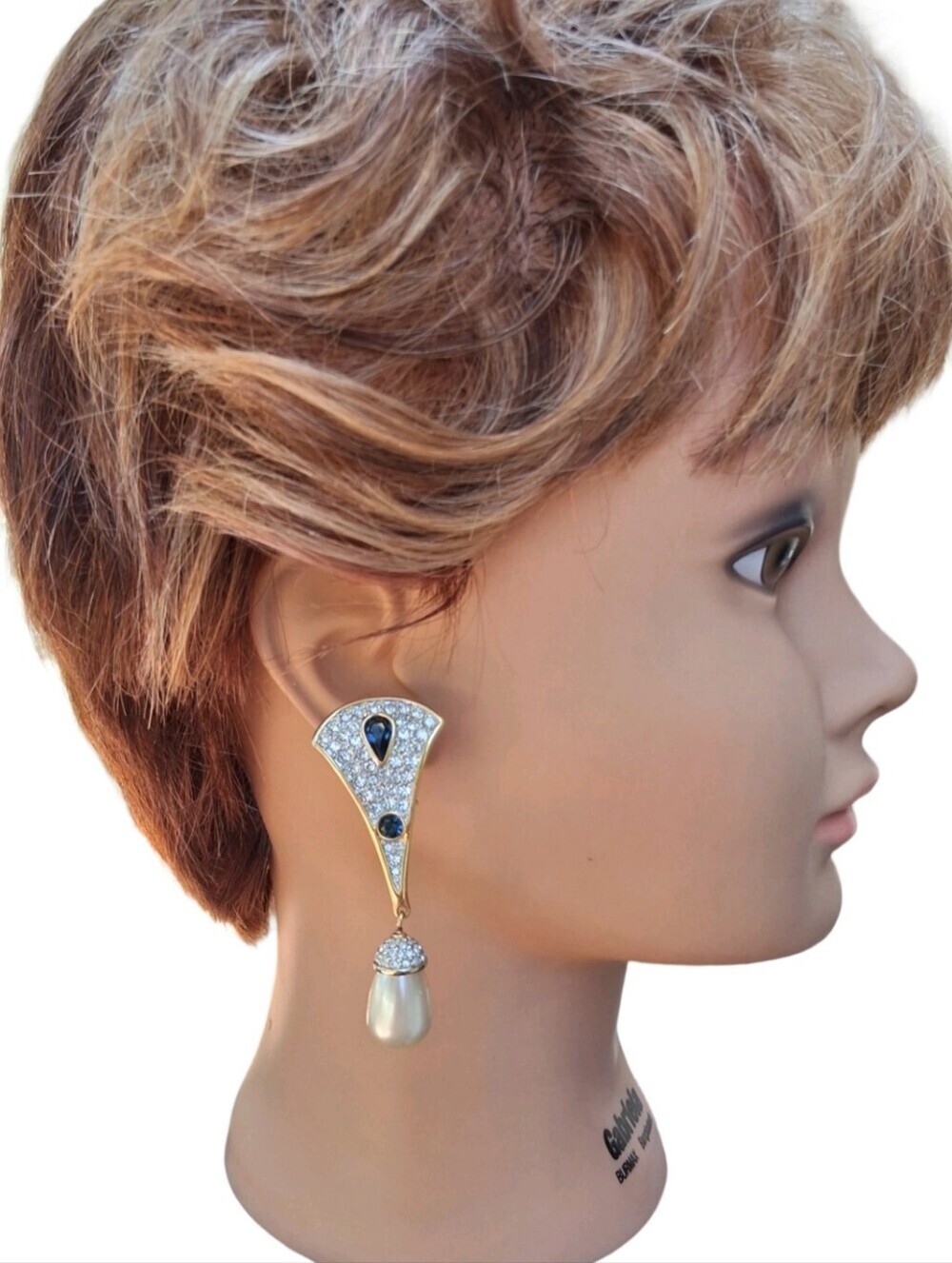 ​Vintage SAL Swarovski Crystal Sapphire Blue Faux Pearl Drop Clip On Earrings